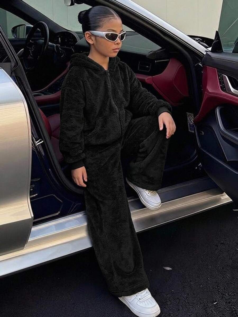 SHEIN Kids Tween Girls Fashion Minimalist Comfortable Long Sleeve Jacket And Pants Set School Sport Black - Black - View 1