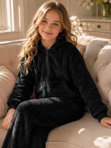 SHEIN Kids Tween Girls Fashion Minimalist Comfortable Long Sleeve Jacket And Pants Set School Sport Black - Black - View 3