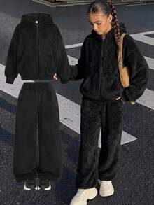 SHEIN Kids Tween Girls Fashion Minimalist Comfortable Long Sleeve Jacket And Pants Set School Sport Black - Black - View 2