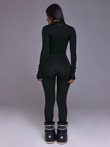 MUSERA Fitted Quarter Zip Through Logo Long Sleeve Thin Base Layer Jumpsuit Autumn Winter Fall Active Gym Workout Ski Blacksnow - Black - View 4
