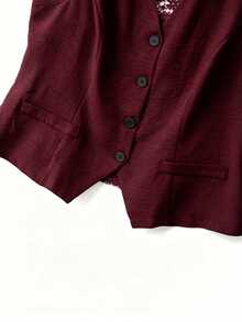 Formidée 2pcs Plus Size Women's Elegant Solid Color V-Neck Embroidered Lace Hollow Back Tank Top And Waist Ruffle Hem Long Straight Pants Set - Burgundy - View 4