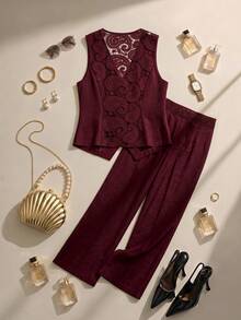 Formidée 2pcs Plus Size Women's Elegant Solid Color V-Neck Embroidered Lace Hollow Back Tank Top And Waist Ruffle Hem Long Straight Pants Set - Burgundy - View 2