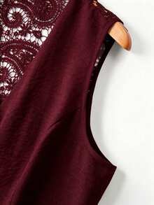 Formidée 2pcs Plus Size Women's Elegant Solid Color V-Neck Embroidered Lace Hollow Back Tank Top And Waist Ruffle Hem Long Straight Pants Set - Burgundy - View 6
