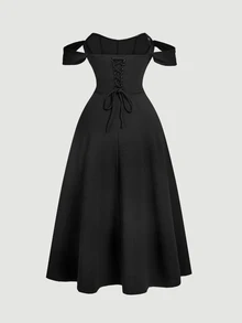 SHEIN MOD Plus Size Women's Vintage Formal Elegant Black Fishbone Pattern Sleeveless Maxi Dress, Wedding Guest Dinner Evening Gown, Summer Renaissance Retro - Black - View 3