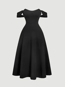SHEIN MOD Plus Size Women's Vintage Formal Elegant Black Fishbone Pattern Sleeveless Maxi Dress, Wedding Guest Dinner Evening Gown, Summer Renaissance Retro - Black - View 4