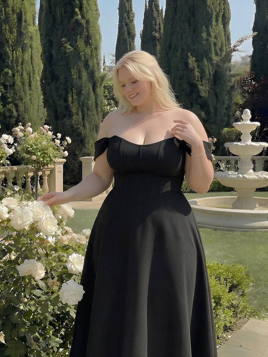 SHEIN MOD Plus Size Women's Vintage Formal Elegant Black Fishbone Pattern Sleeveless Maxi Dress, Wedding Guest Dinner Evening Gown, Summer Renaissance Retro