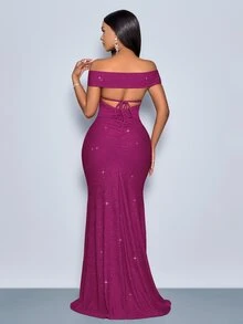 SOLERSUN Women's Medium Violet Red Sparkle Bodycon Maxi Dress, Cold Shoulder Ruched Long Formal Gown With Side Slit, Sexy Elegant All Season - Red Violet - View 3