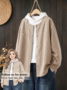 Rusticease Plus Size Women's Solid Color Drop Shoulder Long Sleeve Single-Breasted Casual Baggy Jacket Going Out Formal Tan Fall - Apricot - View 1