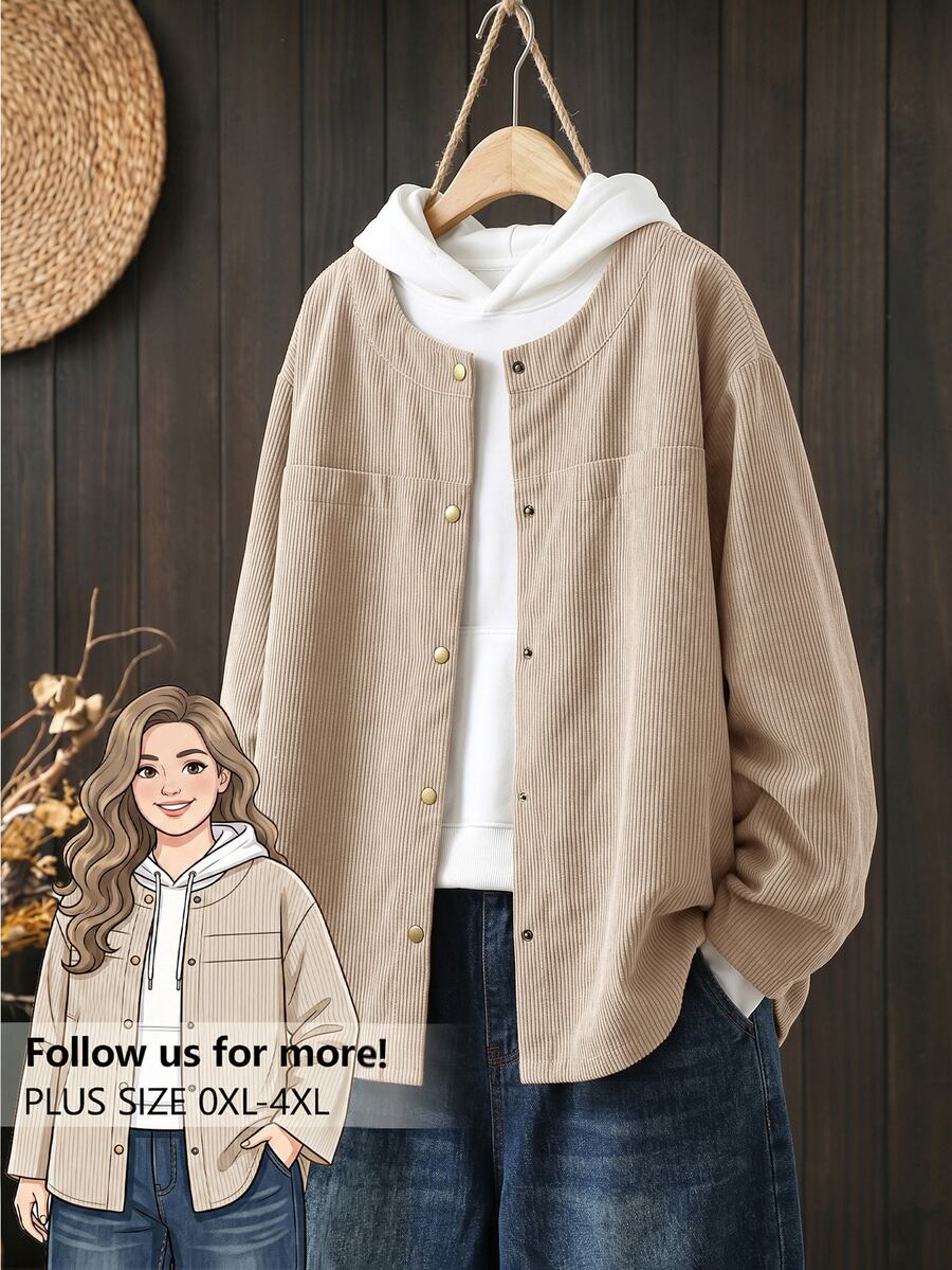 Rusticease Plus Size Women's Solid Color Drop Shoulder Long Sleeve Single-Breasted Casual Baggy Jacket Going Out Formal Tan Fall - Apricot - View 1