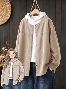 Rusticease Plus Size Women's Solid Color Drop Shoulder Long Sleeve Single-Breasted Casual Baggy Jacket Going Out Formal Tan Fall - Apricot - View 3