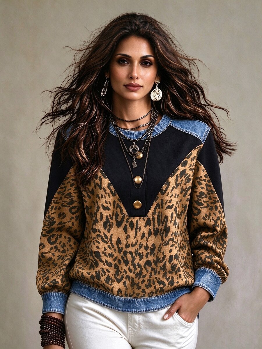 Linhara CURVE Plus Size Women's Patchwork Leopard Print Button Design Long Sleeve Casual Sweatshirt - Multicolor - View 1