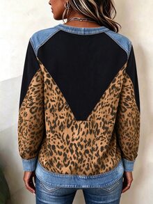 Linhara CURVE 大尺碼女款拼接豹紋印花鈕扣設計長袖休閒運動衫 - 彩色 - 查看 4