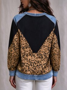 Linhara CURVE 大尺碼女款拼接豹紋印花鈕扣設計長袖休閒運動衫 - 彩色 - 查看 2