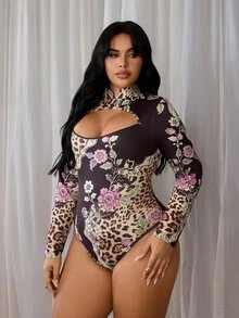 Rustia Plus Size Printed Leopard Print Long Sleeve Cut Out Chest Hollow Waist Bodysuit Winter - Multicolor - View 3