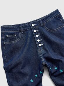 ROMWE MEN Street Life Men's Letter Embroidery Pattern Layered Flare Denim Jeans - Black - View 3