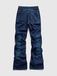 ROMWE MEN Street Life Men's Letter Embroidery Pattern Layered Flare Denim Jeans - Black - View 2