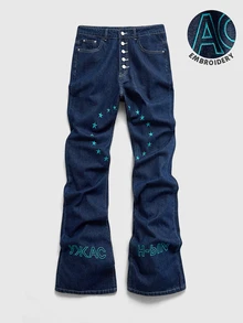ROMWE MEN Street Life Men's Letter Embroidery Pattern Layered Flare Denim Jeans - Black - View 1