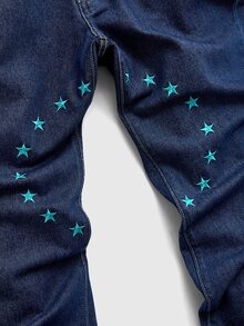 ROMWE MEN Street Life Men's Letter Embroidery Pattern Layered Flare Denim Jeans - Black - View 5