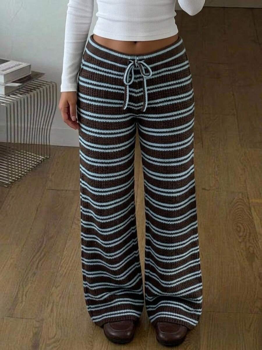 Tween Girls Pants Fall Kids Fashion Popular Brown And Blue Knit School Casual 2000s - Brown - View 1