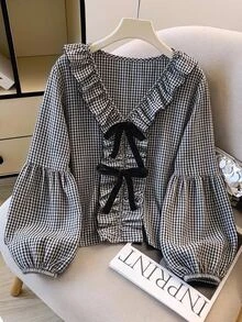 SHEIN CURVE+ Plus Size Women's Ruffle Collar Bow Decor Long Sleeve Blouse - Black and White - View 3