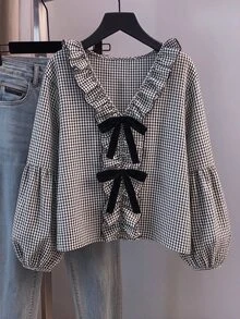 SHEIN CURVE+ Plus Size Women's Ruffle Collar Bow Decor Long Sleeve Blouse - Black and White - View 5