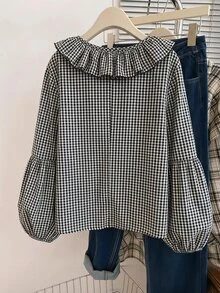 SHEIN CURVE+ Plus Size Women's Ruffle Collar Bow Decor Long Sleeve Blouse - Black and White - View 2