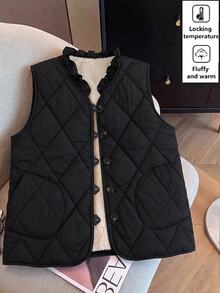 SHEIN Clasi 女款保暖內裡單排扣荷葉邊飾V領秋季背心，黑色復古70年代風休閒時尚無袖，適合外出日常，秋冬款 - 黑色 - 查看 2