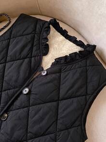SHEIN Clasi 女款保暖內裡單排扣荷葉邊飾V領秋季背心，黑色復古70年代風休閒時尚無袖，適合外出日常，秋冬款 - 黑色 - 查看 5