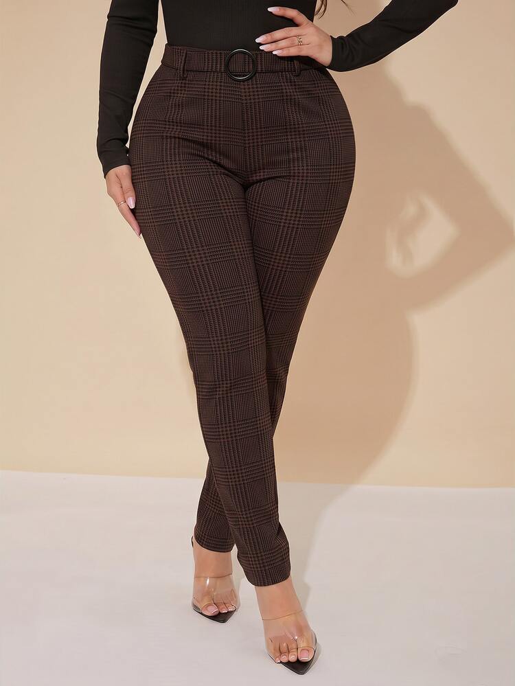SHEIN SXY Plus Size Women's Plaid High Waist Slim Fit Casual Elegant Versatile Long Pants Office Formal Evening Black Autumn Fall - Chocolate Brown - View 1