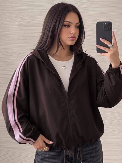 Comfortcana Plus Size All-Season Lightweight Vintage Casual Baggy Polka Dot Hooded Trench Coat Thin Jacket Work Office Brown Autumn Fall