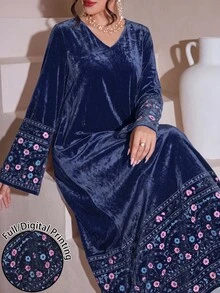 SHEIN Najma 女款花卉植物印花藍色V領長袖金色鑽石天鵝絨洋裝，春秋幾何阿拉伯風洋裝 - 彩色 - 查看 1