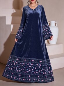 SHEIN Najma 女款花卉植物印花藍色V領長袖金色鑽石天鵝絨洋裝，春秋幾何阿拉伯風洋裝 - 彩色 - 查看 3