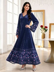 SHEIN Najma 女款花卉植物印花藍色V領長袖金色鑽石天鵝絨洋裝，春秋幾何阿拉伯風洋裝 - 彩色 - 查看 4