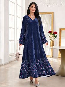 SHEIN Najma 女款花卉植物印花藍色V領長袖金色鑽石天鵝絨洋裝，春秋幾何阿拉伯風洋裝 - 彩色 - 查看 6