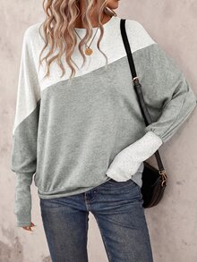 SHEIN LUNE Women's Colorblock Casual Daily Long Sleeve Sweatshirt Brunch Grey Fall - Grey - View 5
