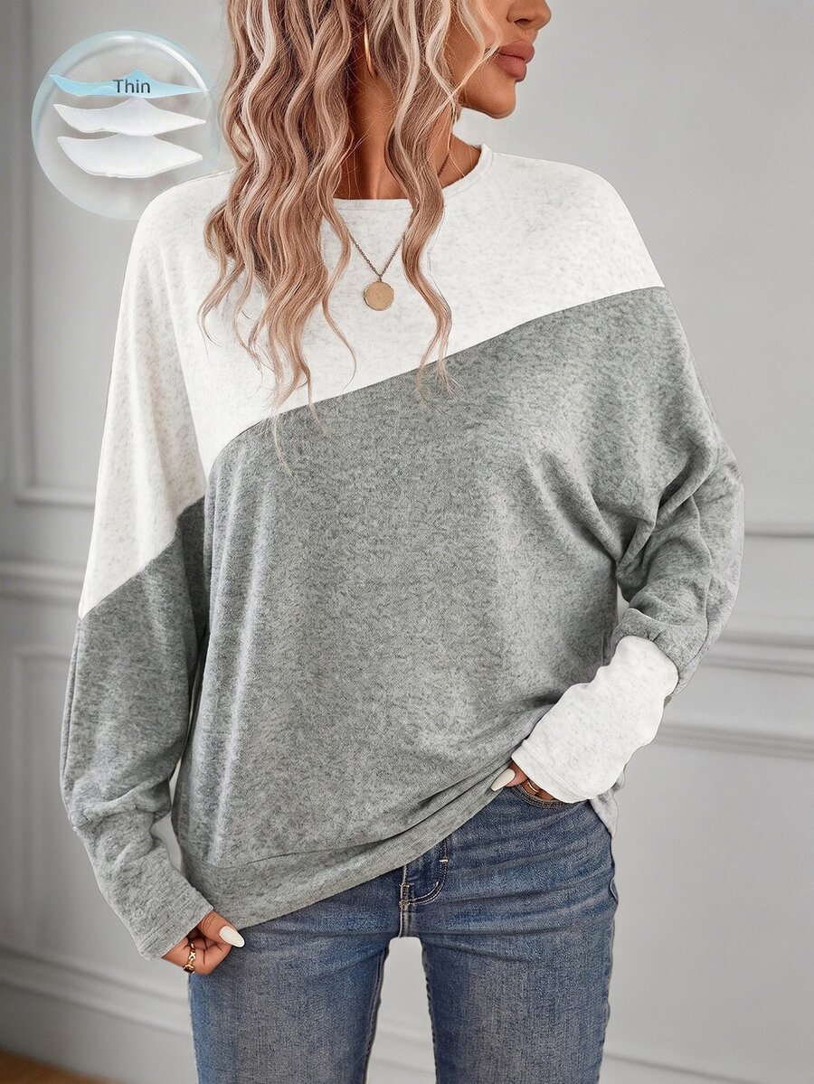 SHEIN LUNE Women's Colorblock Casual Daily Long Sleeve Sweatshirt Brunch Grey Fall - Grey - View 1