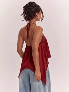SHEIN BAE 春夏女款休閒度假掛脖蕾絲拼接露背不對稱下擺棕色純色緞面背心，適合海灘度假、海邊假期、姐妹休閒度假，優雅實用棕色緞面背心 - 酒紅色 - 查看 2
