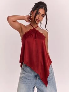 SHEIN BAE 春夏女款休閒度假掛脖蕾絲拼接露背不對稱下擺棕色純色緞面背心，適合海灘度假、海邊假期、姐妹休閒度假，優雅實用棕色緞面背心 - 酒紅色 - 查看 5