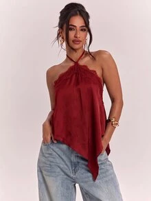 SHEIN BAE 春夏女款休閒度假掛脖蕾絲拼接露背不對稱下擺棕色純色緞面背心，適合海灘度假、海邊假期、姐妹休閒度假，優雅實用棕色緞面背心 - 酒紅色 - 查看 6