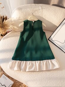 SHEIN 女童夏季新款珍珠蝴蝶結無袖A字裙擺荷葉邊法式仙女公主風時尚優雅洋裝，適合嬰兒派對、7歲生日，綠色 - 墨綠色 - 查看 3