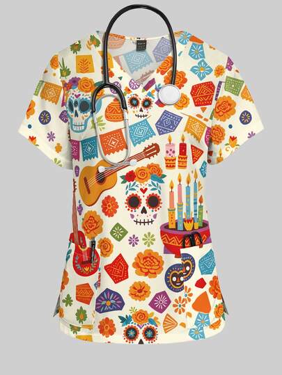 PopScrub Blusa de enfermera blanca con cuello en V, manga corta, doble bolsillo, estampado de vela con guitarra y esqueleto de dibujos animados colorido del Día de Muertos, ropa de trabajo de otoño para mujer