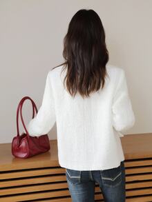 K-Vae Women's Elegant White Tweed Jacket,Autumn Commuter Solid Color Tie-Up Blazer,Dressy Overcoat For Tea Party,Fall/Winter Fashion Outerwear - White - View 7
