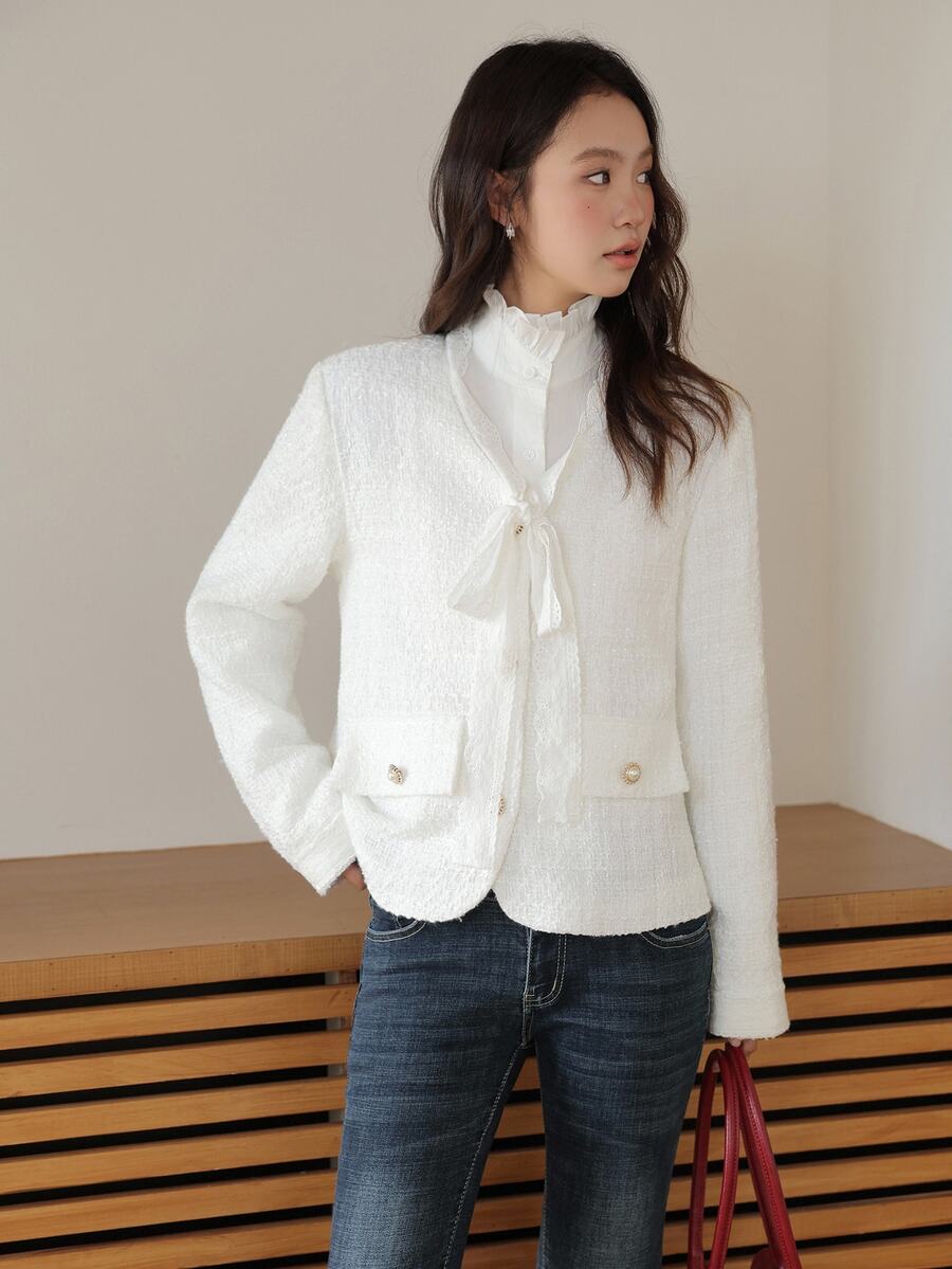 K-Vae Women's Elegant White Tweed Jacket,Autumn Commuter Solid Color Tie-Up Blazer,Dressy Overcoat For Tea Party,Fall/Winter Fashion Outerwear - White - View 1