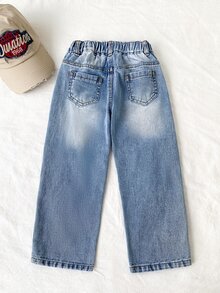 SHEIN بنطلون جينز ممزق بخصر مطاطي للأولاد الصغار، بنطلون دنيم كاجوال بفتحات، أزرق فاتح مغسول - أزرق فاتح - مشاهدة 2