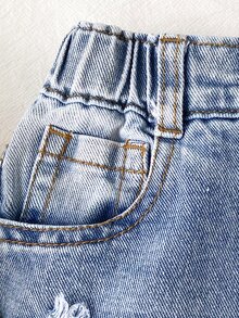 SHEIN بنطلون جينز ممزق بخصر مطاطي للأولاد الصغار، بنطلون دنيم كاجوال بفتحات، أزرق فاتح مغسول - أزرق فاتح - مشاهدة 4
