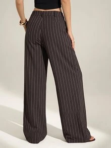 SHEIN Tall 穆斯林女性高挑版深棕色百褶寬腿長褲－商務休閒風，適合辦公室秋季穿著 - 棕色 - 查看 2