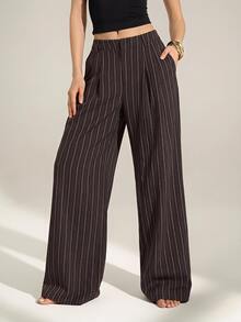 SHEIN Tall 穆斯林女性高挑版深棕色百褶寬腿長褲－商務休閒風，適合辦公室秋季穿著 - 棕色 - 查看 3