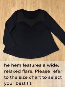 EMERY ROSE Kaos Wanita Ukuran Besar, Elegan Seksi Kasual Minimalis Serbaguna untuk Perjalanan Sehari-hari, Desain Leher Bulat dan Patchwork Jala, Lengan Panjang, Cocok untuk Musim Gugur - Hitam - View 4
