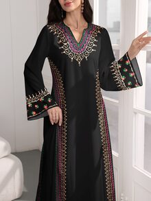 Mulvari 大码女式复古图案花卉数码印花仿刺绣V领长袖优雅阿拉伯风长连衣裙，春秋季 - 彩色 - 查看 4