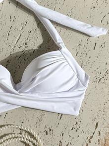 SHEIN Swim Women's Summer Beach Solid Color Halter Bikini Top, Push-Up With Underwire - White - View 8